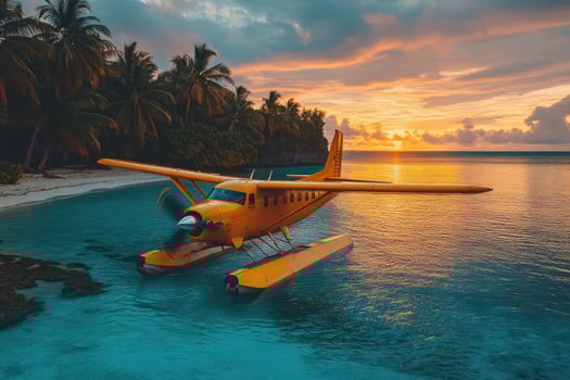 Yellow seaplane floating on turquoise water near tropical island at sunset. photo