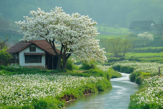 Blooming cherry tree near small house photo