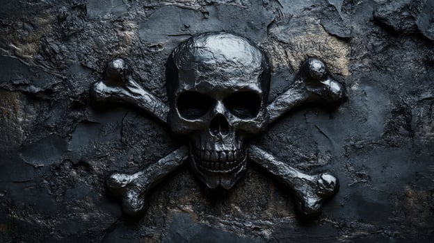 Metallic skull and crossbones carved on dark stone surface photo