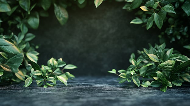 A lush green bush with leaves and a stone wall in the background photo