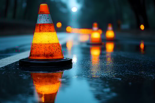 Rainy Evening Traffic Safety with Reflective Orange Cones on Wet Roadway photo