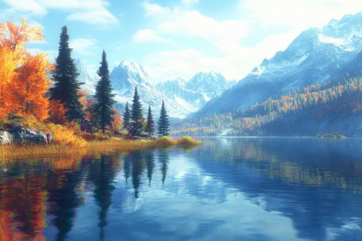 Scenic autumn landscape with mountains and lake reflections photo