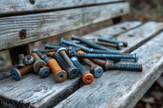 Rusty screws and bolts lying on weathered wooden bench photo