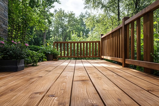Wooden terrace overlooking lush green garden with railing in summer photo