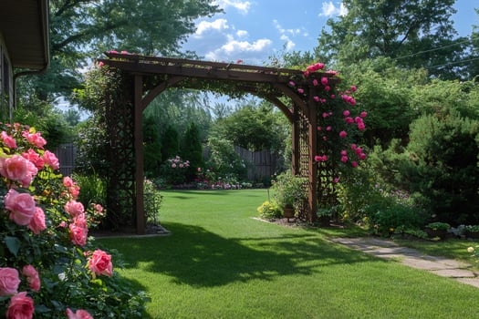 Wooden pergola covered with climbing roses in a beautiful lush garden photo