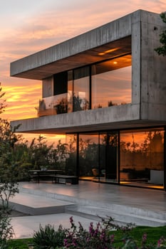 Modern concrete house exterior reflecting orange sunset sky in large windows photo