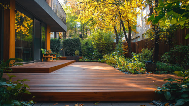 Modern wooden deck in backyard garden during autumn photo