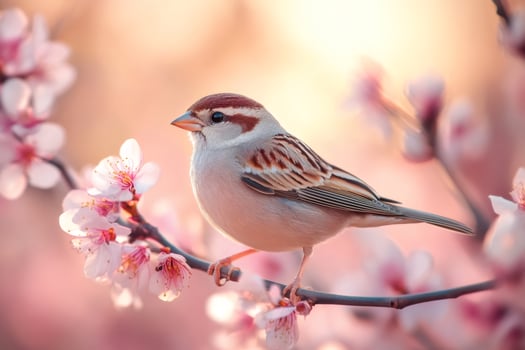 Small bird is sitting on a flowering branch in spring photo