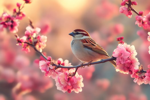 Eurasian tree sparrow perched on a flowering branch in spring photo