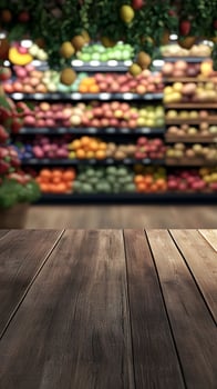 Wooden Surface with Blurred Produce Display Background photo