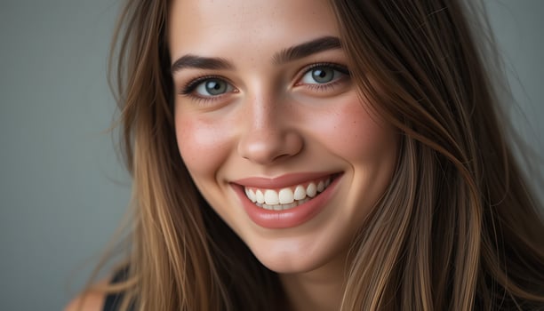 A woman with long brown hair and blue eyes photo