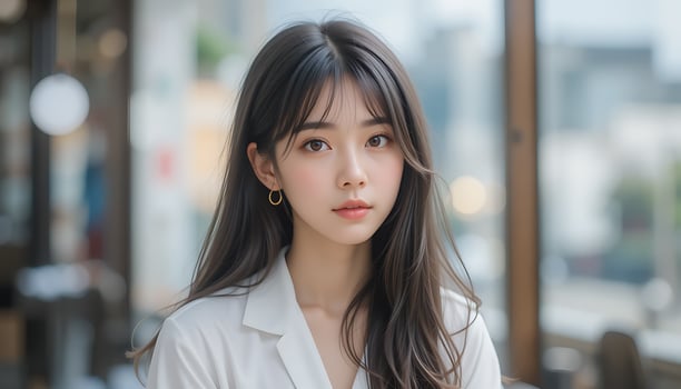 A woman with long hair and a white shirt photo