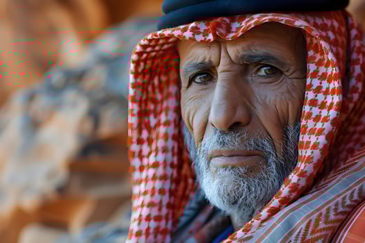 A weathered elder's portrait, eyes reflecting a lifetime of desert wisdom, traditional headwear adorning his face, captured with stunning detail and depth, the beauty of age and cultural heritage. photo