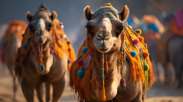 Adorably Decorated Camels Stroll Gracefully, Showing Vibrant Colors and Festive Ornaments in Desert Landscape. Majestic Desert Animals Exhibiting Cultural Significance. photo