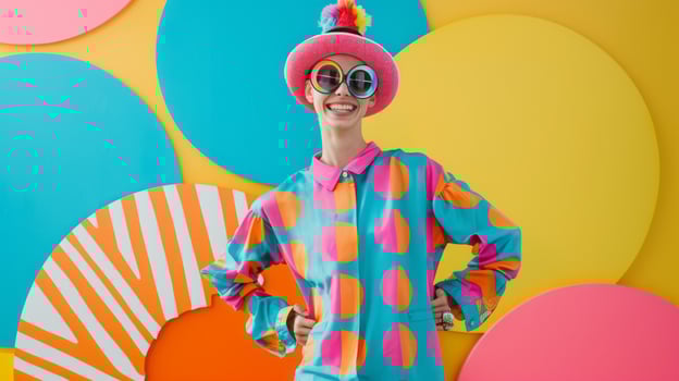Vibrant fashion concept with smiling woman in colorful geometric outfit and hat photo