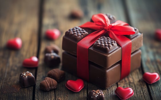 Delicious chocolate gift box with red ribbon and heart-shaped candies on wooden table photo