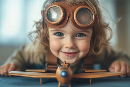 Child with brown goggles smiles while playing with a wooden airplane on a table indoors photo