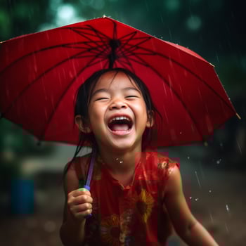 A young girl is holding a red umbrella and smiling photo