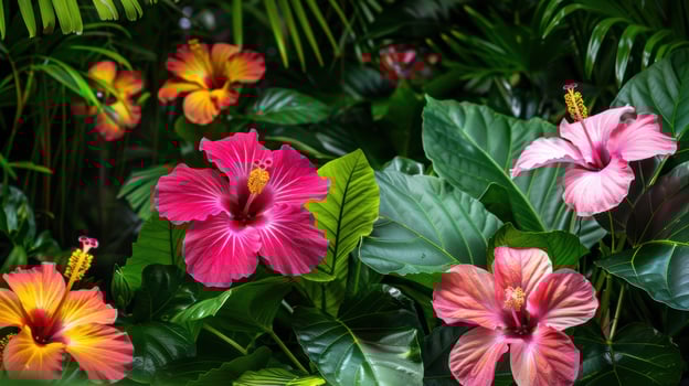 Vibrant Hibiscus Flowers in Full Bloom Amidst Lush Tropical Garden Foliage photo