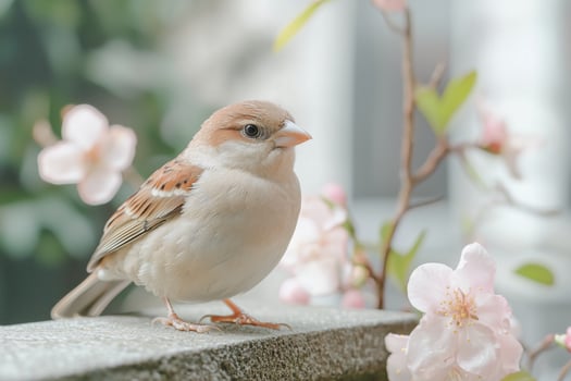 Close-up of a sparrow resting on a ledge surrounded by delicate pink blossoms, capturing the beauty of spring natural setting. World Sparrow Day photo