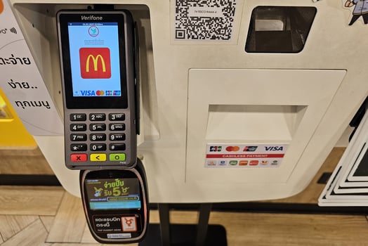 Bangkok, Thailand February 01, 2025 McDonalds sign on screen of point-of-sale system. McDonald was established by brother Mac in 1948. photo