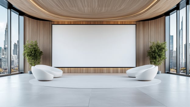 A large white room with a large screen and two chairs photo