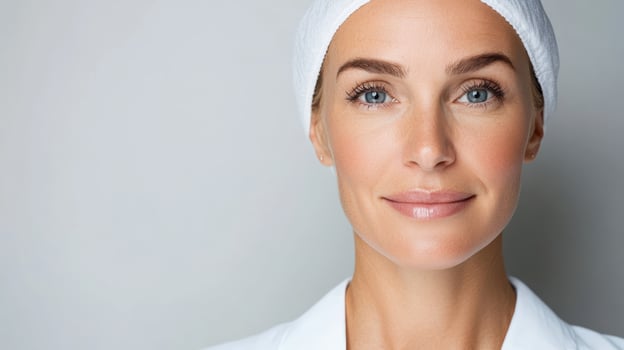 A woman in a white lab coat and white headband photo
