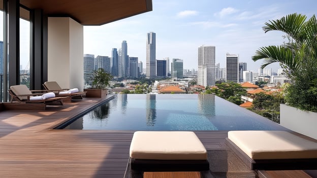 A rooftop pool overlooking the city skyline photo