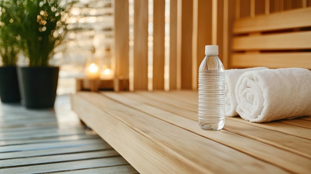 A bottle of water sits on a wooden bench photo