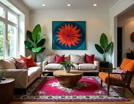 A living room with a colorful rug and a large painting photo
