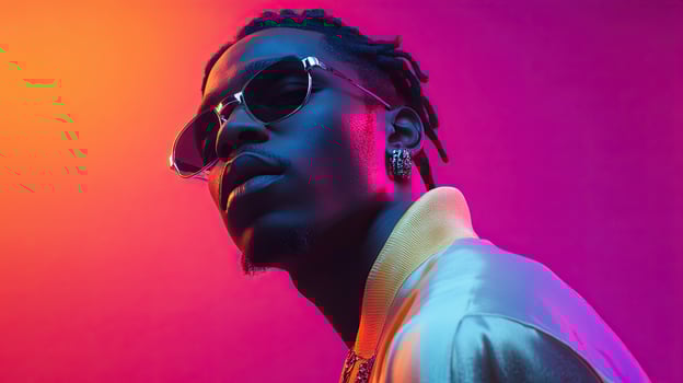 black man rapper singer, rap hiphop, dancing in the nightclub on studio neon light photo
