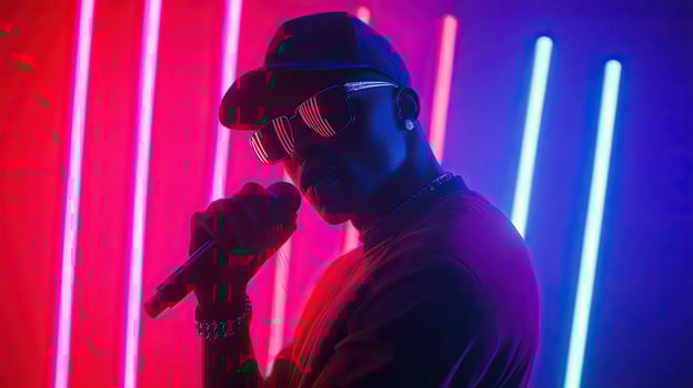 a man in sunglasses and hat holding a microphone photo