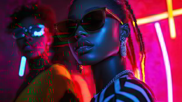 A group of stylish young woman African-American rapper singer, rap hiphop models in studio neon light photo