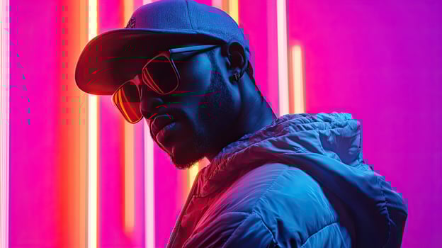 Man wearing a hat and sunglasses in front of neon lights photo