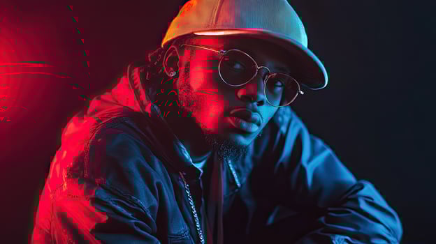 a man wearing a hat and sunglasses sitting on a chair photo