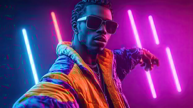 a man in sunglasses and jacket with neon lights photo