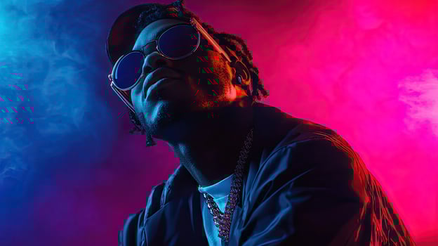 a man wearing sunglasses and a jacket in front of colorful smoke photo