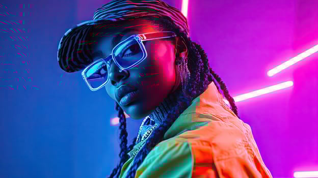 a woman wearing glasses and a hat in front of neon lights photo