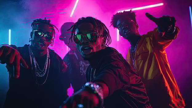 Group of black men rapper singer, rap hiphop, at the party on studio neon light background photo