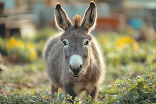 Donkey standing in the grass and looking forward photo