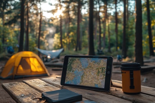 Campers using tablet computer with map for navigation in forest campground photo