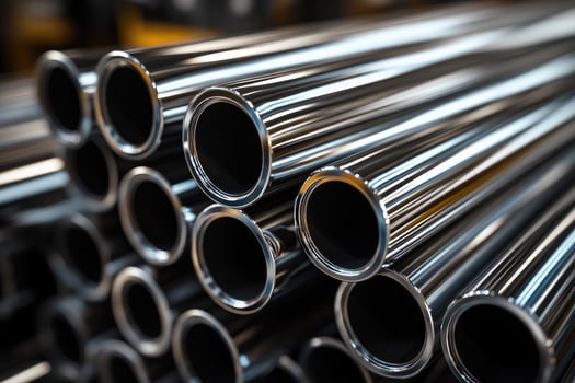 Stack of industrial shiny steel pipes forming abstract industrial background photo