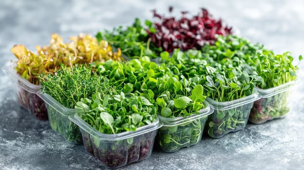 Fresh microgreens assortment growing in plastic containers photo