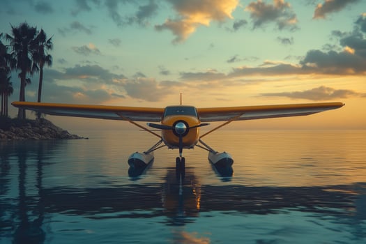 Yellow seaplane floating on calm water near tropical island at sunset photo