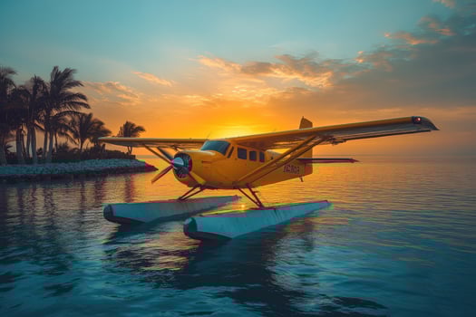 Yellow seaplane floating on turquoise water near tropical island at sunset.. photo