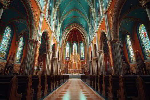 Interior of church showing altar, benches, stained glass windows and vaulted ceiling photo