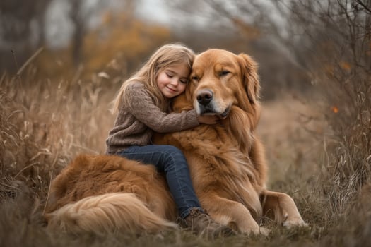 A little girl hugging a golden retriever photo