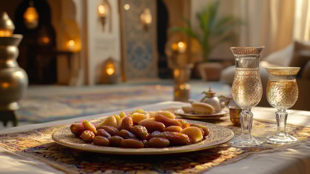 A plate of dates and wine glasses on a table photo