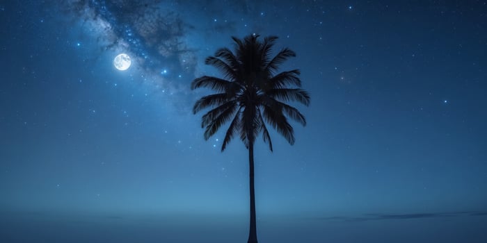 Serene Night Landscape with Silhouette of Palm Tree and Starry Sky. photo