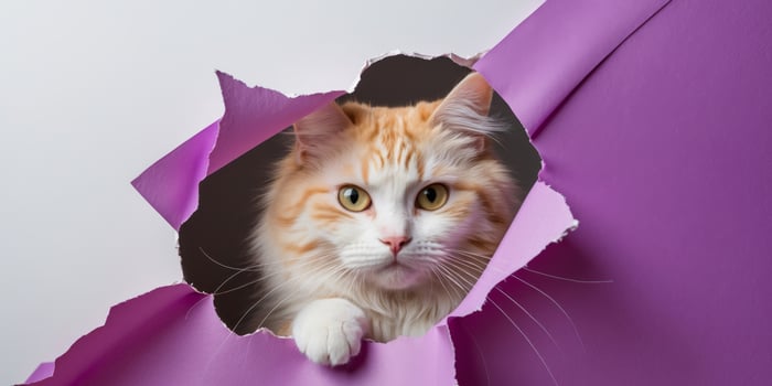 a cute white and ginger cat looking through a ripped hole in a purple paper photo